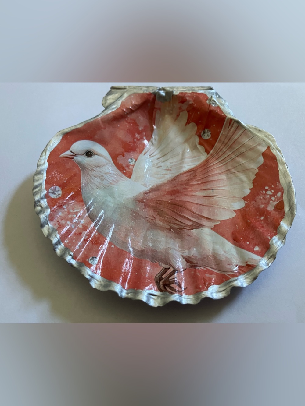 Handcrafted Dove Shell Dish Decoupage 4-5inch